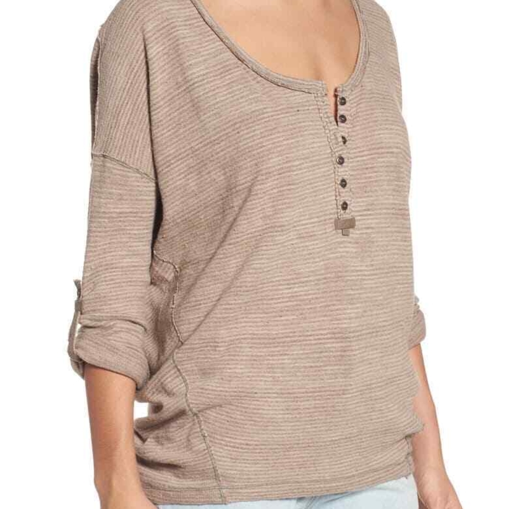 We The Free Pink Tan Polo Blouse Relaxed 3/4 Sleeve